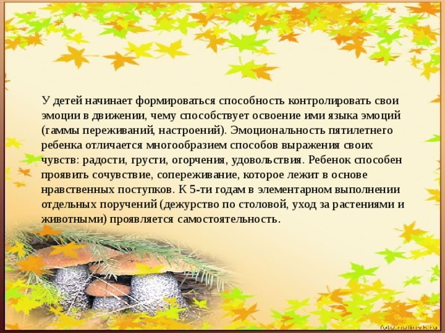 У детей начинает формироваться способность контролировать свои эмоции в движении, чему способствует освоение ими языка эмоций (гаммы переживаний, настроений). Эмоциональность пятилетнего ребенка отличается многообразием способов выражения своих чувств: радости, грусти, огорчения, удовольствия. Ребенок способен проявить сочувствие, сопереживание, которое лежит в основе нравственных поступков. К 5-ти годам в элементарном выполнении отдельных поручений (дежурство по столовой, уход за растениями и животными) проявляется самостоятельность . 