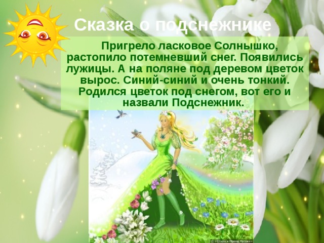 Сказка о подснежнике  Пригрело ласковое Солнышко, растопило потемневший снег. Появились лужицы. А на поляне под деревом цветок вырос. Синий-синий и очень тонкий. Родился цветок под снегом, вот его и назвали Подснежник. 