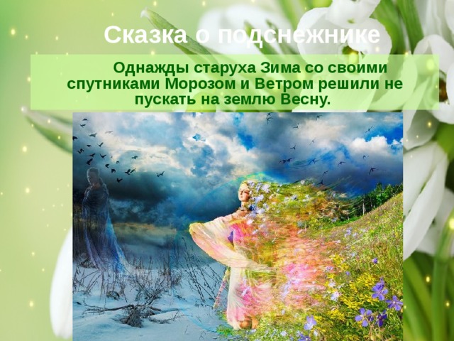 Сказка о подснежнике  Однажды старуха Зима со своими спутниками Морозом и Ветром решили не пускать на землю Весну. 