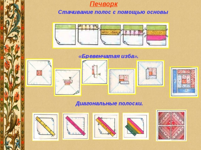 Печворк Стачивание полос с помощью основы «Бревенчатая изба».  Диагональные полоски. 