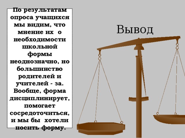 По результатам опроса учащихся мы видим, что мнение их о необходимости школьной формы неоднозначно, но большинство родителей и учителей - за. Вообще, форма дисциплинирует, помогает сосредоточиться, и мы бы хотели  носить форму.  Вывод 