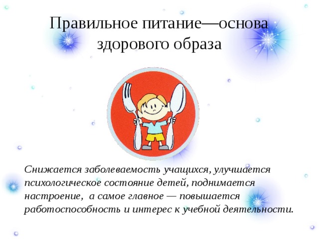 Правильное питание—основа здорового образа   Снижается заболеваемость учащихся, улучшается психологическое состояние детей, поднимается настроение,  а самое главное — повышается работоспособность и интерес к учебной деятельности. 