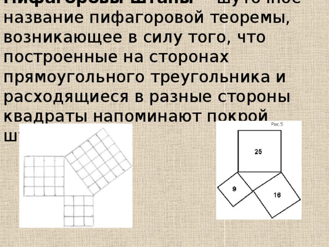 Пифагоровы штаны —  шуточное название пифагоровой теоремы, возникающее в силу того, что построенные на сторонах прямоугольного треугольника и расходящиеся в разные стороны квадраты напоминают покрой штанов. 