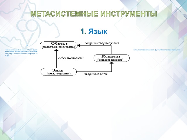 Язык  Структуры : программа Бурбаки, архетипы Юнга, семантические сети и др. «Морфология волшебной сказки» В. Пропп ( п о стоянными, устойчивыми элементами сказки служат функции действующих лиц, независимо от того, кем и как они выполняются, последовательность функций всегда одинакова, все волшебные сказки однотипны по своему строению, т.е. дают одинаковые функции); Структура космогонических мифов (В. Топоров) И др.      