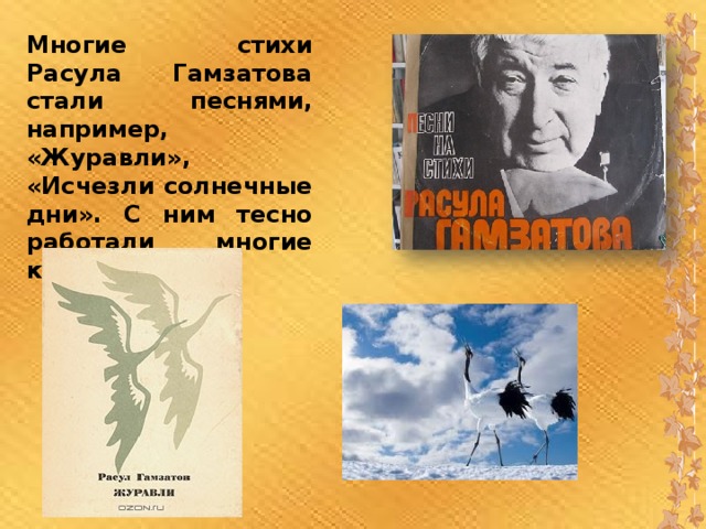 Многие стихи Расула Гамзатова стали песнями, например, «Журавли», «Исчезли солнечные дни». С ним тесно работали многие композиторы. 
