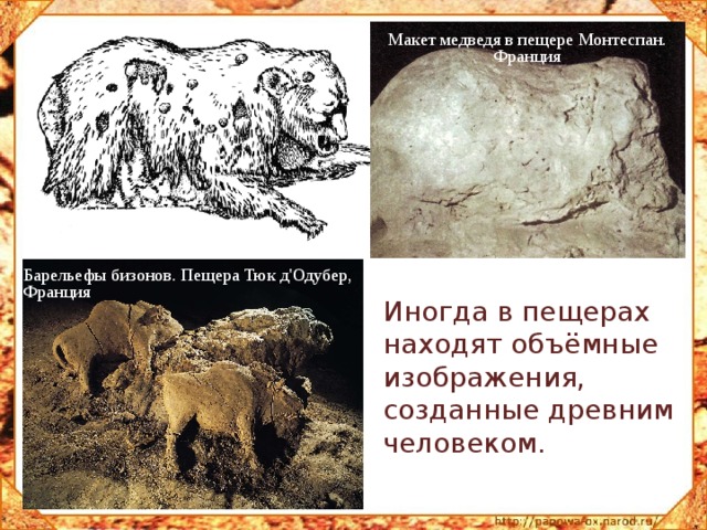 Макет медведя в пещере Монтеспан. Франция Барельефы бизонов. Пещера Тюк д'Одубер, Франция Иногда в пещерах находят объёмные изображения, созданные древним человеком. 