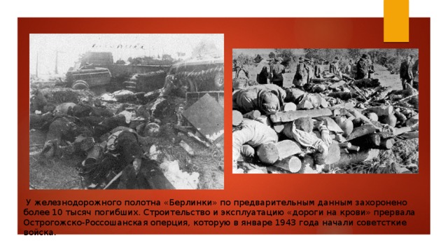  У железнодорожного полотна «Берлинки» по предварительным данным захоронено более 10 тысяч погибших. Строительство и эксплуатацию «дороги на крови» прервала Острогожско-Россошанская оперция, которую в январе 1943 года начали советсткие войска. 