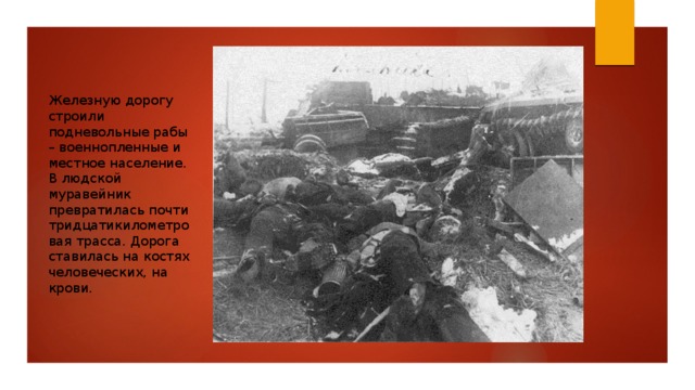 Железную дорогу строили подневольные рабы – военнопленные и местное население. В людской муравейник превратилась почти тридцатикилометровая трасса. Дорога ставилась на костях человеческих, на крови. 