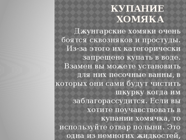 Купание  хомяка Джунгарские хомяки очень боятся сквозняков и простуды. Из-за этого их категорически запрещено купать в воде. Взамен вы можете установить для них песочные ванны, в которых они сами будут чистить шкурку когда им заблагорассудится. Если вы хотите поучавствовать в купании хомячка, то используйте отвар полыни. Это одна из немногих жидкостей, которыми можно безопасно пользоваться для мойки хомячка. 