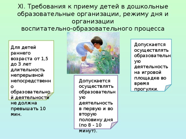 XI. Требования к приему детей в дошкольные  образовательные организации, режиму дня и организации  воспитательно-образовательного процесса Допускается осуществлять образовательную деятельность на игровой площадке во время прогулки. Для детей раннего возраста от 1,5 до 3 лет длительность непрерывной непосредственно образовательной деятельности не должна превышать 10 мин. Допускается осуществлять образовательную деятельность в первую и во вторую половину дня (по 8 - 10 минут). 