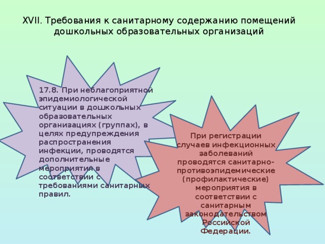  XVII. Требования к санитарному содержанию помещений  дошкольных образовательных организаций   17.8. При неблагоприятной эпидемиологической ситуации в дошкольных образовательных организациях (группах), в целях предупреждения распространения инфекции, проводятся дополнительные мероприятия в соответствии с требованиями санитарных правил. При регистрации случаев инфекционных заболеваний проводятся санитарно-противоэпидемические (профилактические) мероприятия в соответствии с санитарным законодательством Российской Федерации. 