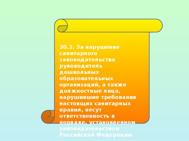 20.3. За нарушение санитарного законодательства руководитель дошкольных образовательных организаций, а также должностные лица, нарушившие требования настоящих санитарных правил, несут ответственность в порядке, установленном законодательством Российской Федерации.  