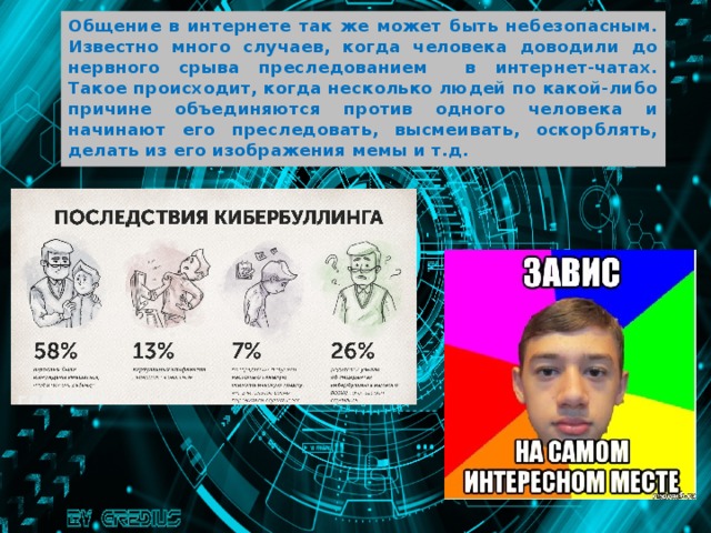 Общение в интернете так же может быть небезопасным. Известно много случаев, когда человека доводили до нервного срыва преследованием в интернет-чатах. Такое происходит, когда несколько людей по какой-либо причине объединяются против одного человека и начинают его преследовать, высмеивать, оскорблять, делать из его изображения мемы и т.д. 