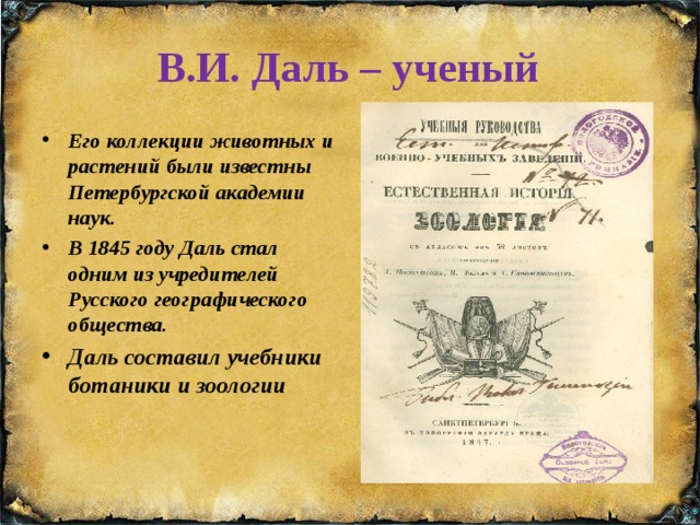 В.И. Даль – ученый  Его коллекции животных и растений были известны Петербургской академии наук. В 1845 году Даль стал одним из учредителей Русского географического общества. Даль составил учебники ботаники и зоологии 