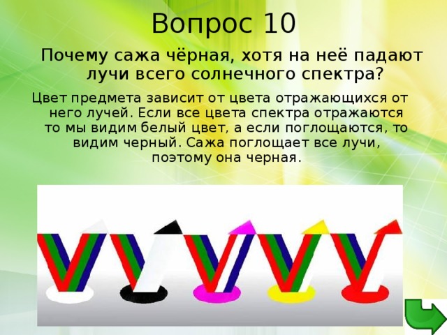   Почему сажа чёрная, хотя на неё падают лучи всего солнечного спектра?  Цвет предмета зависит от цвета отражающихся от него лучей. Если все цвета спектра отражаются то мы видим белый цвет, а если поглощаются, то видим черный. Сажа поглощает все лучи, поэтому она черная.   