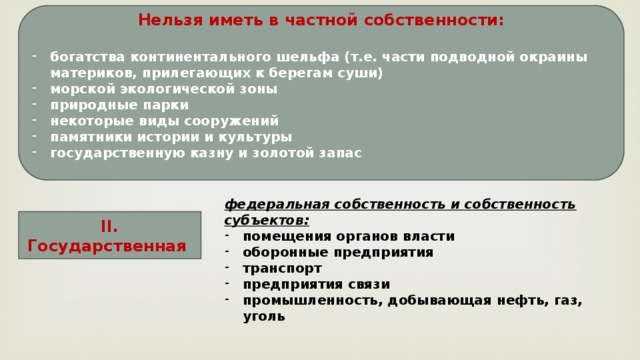 Нельзя иметь в частной собственности:  богатства континентального шельфа (т.е. части подводной окраины материков, прилегающих к берегам суши) морской экологической зоны природные парки некоторые виды сооружений памятники истории и культуры государственную казну и золотой запас  федеральная собственность и собственность субъектов: помещения органов власти оборонные предприятия транспорт предприятия связи промышленность, добывающая нефть, газ, уголь II. Государственная 
