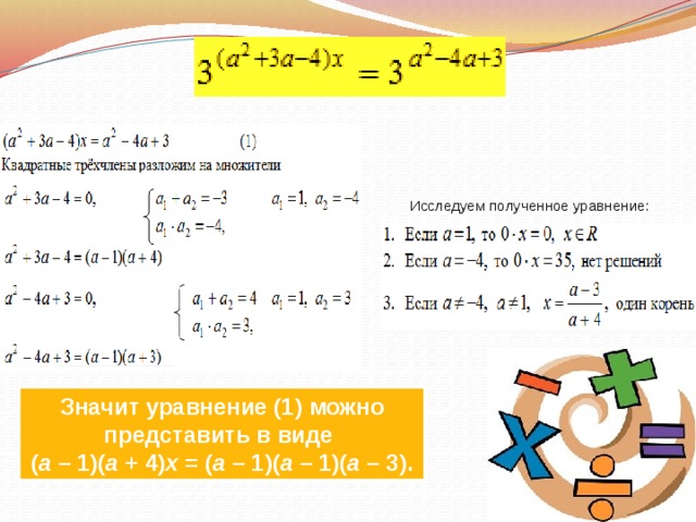  Исследуем полученное уравнение: Значит уравнение (1) можно представить в виде  ( a  – 1)( a  + 4) x  = ( a  – 1)( a  – 1)( a  – 3). 