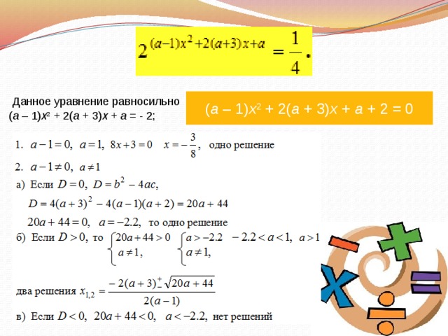  Данное уравнение равносильно   ( a  – 1) x 2  + 2( a  + 3) x  +  a  = - 2;   ( a  – 1) x 2  + 2( a  + 3) x  +  a  + 2 = 0 