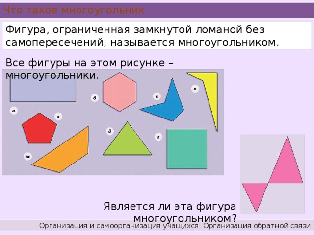 Что такое многоугольник Фигура, ограниченная замкнутой ломаной без самопересечений, называется многоугольником. Все фигуры на этом рисунке – многоугольники. Является ли эта фигура многоугольником? Организация и самоорганизация учащихся. Организация обратной связи