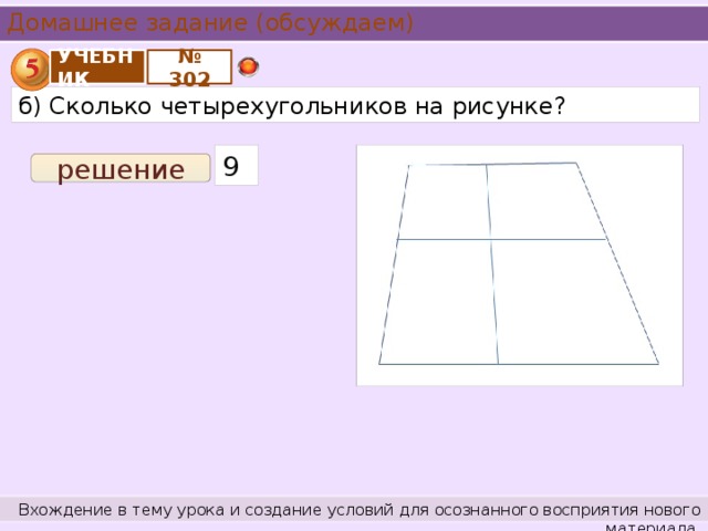 Домашнее задание (обсуждаем) УЧЕБНИК № 302 б) Сколько четырехугольников на рисунке? 9 решение Вхождение в тему урока и создание условий для осознанного восприятия нового материала.