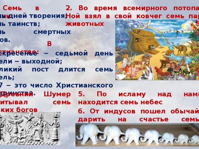 1. Семь в Библии: 2. Во время всемирного потопа, Ной взял в свой ковчег семь пар животных семь дней творения; семь таинств; семь смертных грехов. 3. В Христианстве: воскресенье ‒ седьмой день недели ‒ выходной; Великий пост длится семь недель; 777 ‒ это число Христианского Триединства. 4. Древний Шумер насчитывал семь великих богов 5. По исламу над нами находится семь небес 6. От индусов пошел обычай дарить на счастье семь слоников 6 