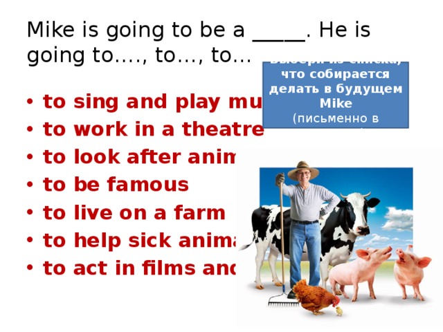 Mike is going to be a _____. He is going to…., to…, to… Выбери из списка, что собирается делать в будущем Mike (письменно в тетради) to sing and play music to work in a theatre to look after animals to be famous to live on a farm to help sick animals to act in films and plays 