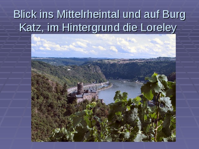 Blick ins Mittelrheintal und auf Burg Katz, im Hintergrund die Loreley 
