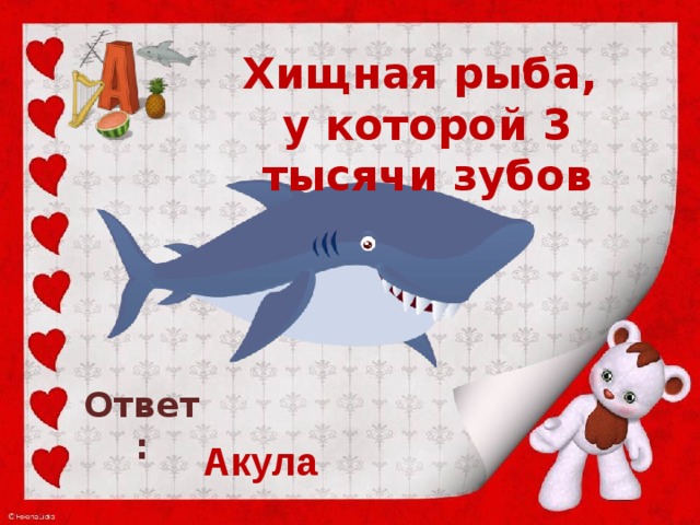 Хищная рыба,  у которой 3 тысячи зубов    Ответ: Акула