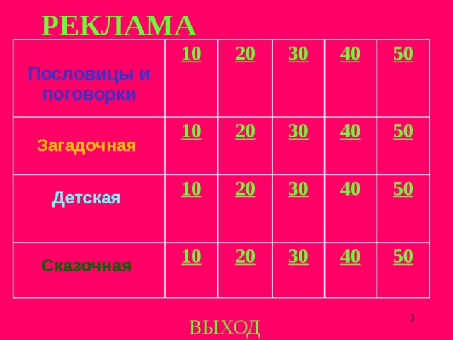 РЕКЛАМА 10 Пословицы  и  поговорки 20 Загадочная 10 10 Детская 20 30 30 10 Сказочная 40 20 30 40 50 20 40 30 50 50 40 50  ВЫХОД 