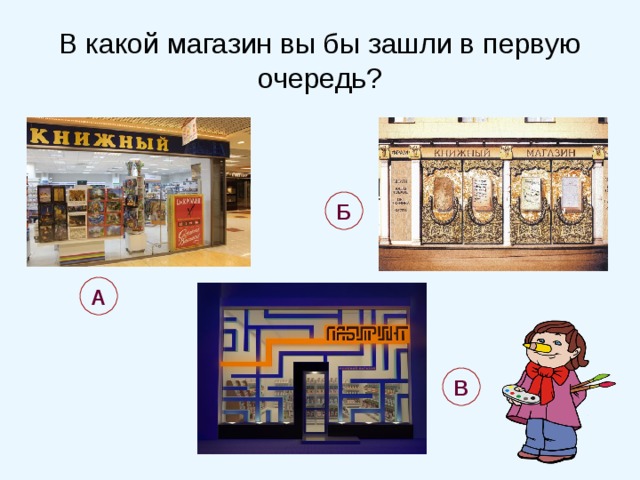В какой магазин вы бы зашли в первую очередь? Б А В 