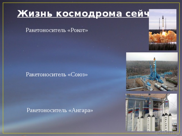 Жизнь космодрома сейчас Ракетоноситель «Рокот» Ракетоноситель «Союз» Ракетоноситель «Ангара» 