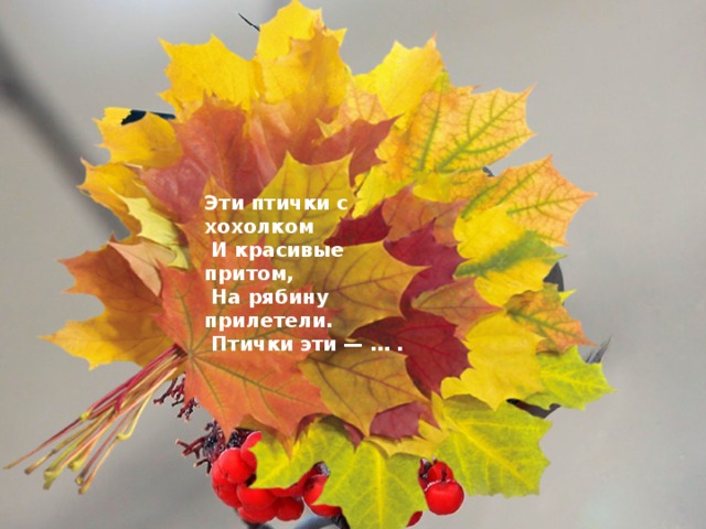 Эти птички с хохолком  И красивые притом,  На рябину прилетели.  Птички эти — … . 