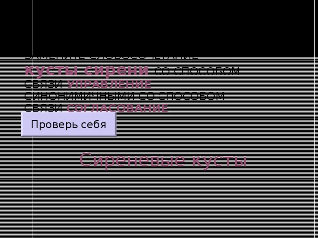 ЗАМЕНИТЕ СЛОВОСОЧЕТАНИЕ  кусты сирени  СО СПОСОБОМ СВЯЗИ УПРАВЛЕНИЕ СИНОНИМИЧНЫМИ СО СПОСОБОМ СВЯЗИ СОГЛАСОВАНИЕ Проверь себя Сиреневые кусты 