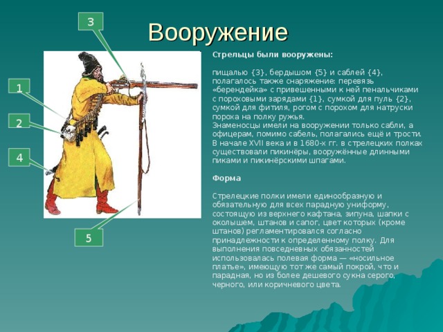 3 Вооружение   Стрельцы были вооружены:  пищалью {3} , бердышом {5} и саблей {4} , полагалось также снаряжение: перевязь «берендейка» с привешенными к ней пенальчиками с пороховыми зарядами {1} , сумкой для пуль {2} , сумкой для фитиля, рогом с порохом для натруски пороха на полку ружья. Знаменосцы имели на вооружении только сабли, а офицерам, помимо сабель, полагались ещё и трости. В начале XVII века и в 1680-х гг. в стрелецких полках существовали пикинёры, вооружённые длинными пиками и пикинёрскими шпагами.  Форма  Стрелецкие полки имели единообразную и обязательную для всех парадную униформу, состоящую из верхнего кафтана, зипуна, шапки с околышем, штанов и сапог, цвет которых (кроме штанов) регламентировался согласно принадлежности к определенному полку. Для выполнения повседневных обязанностей использовалась полевая форма — «носильное платье», имеющую тот же самый покрой, что и парадная, но из более дешевого сукна серого, черного, или коричневого цвета. 1 2 4 5 
