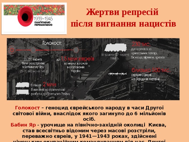 Жертви репресій після вигнання нацистів Голокост – геноцид єврейського народу в часи Другої світової війни, внаслідок якого загинуло до 6 мільйонів осіб. Бабин Яр  - урочище на північно-західній околиці Києва, став всесвітньо відомим через масові розстріли, переважно євреїв, у 1941—1943 роках, здійснені німецьким окупаційним командуванням під час Другої світової війни.  