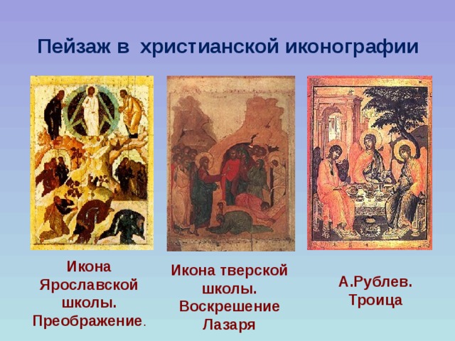  Пейзаж в христианской иконографии Икона Ярославской школы. Преображение . Икона тверской школы. Воскрешение Лазаря А.Рублев. Троица 