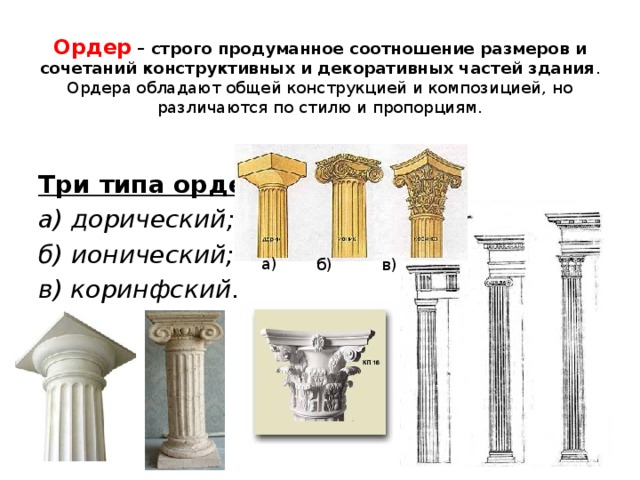 б) в) Ордер  – строго продуманное соотношение размеров и сочетаний конструктивных и декоративных частей здания .  Ордера обладают общей конструкцией и композицией, но различаются по стилю и пропорциям. Три типа ордера: а) дорический; б) ионический; в) коринфский . а) 