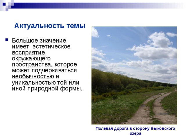  Актуальность темы  Большое значение имеет эстетическое восприятие окружающего пространства, которое может подчеркиваться необычностью и уникальностью той или иной природной формы . Полевая дорога в сторону Быковского озера 