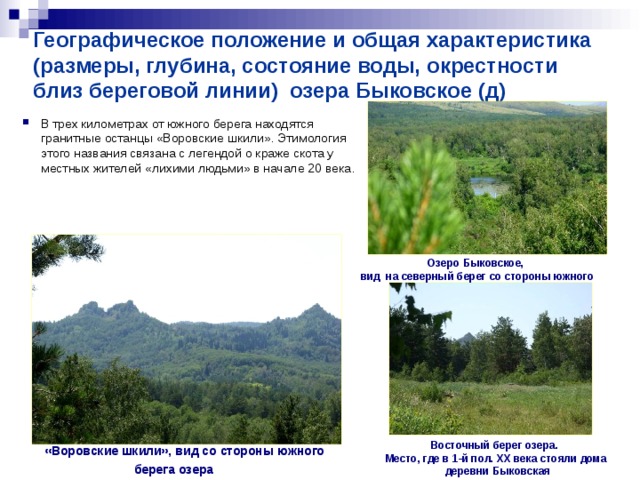 Географическое положение и общая характеристика (размеры, глубина, состояние воды, окрестности близ береговой линии) озера Быковское (д) В трех километрах от южного берега находятся гранитные останцы «Воровские шкили». Этимология этого названия связана с легендой о краже скота у местных жителей «лихими людьми» в начале 20 века. Озеро Быковское, вид на северный берег со стороны южного  «Воровские шкили», вид со стороны южного берега озера  Восточный берег озера. Место, где в 1-й пол. XX века стояли дома  деревни Быковская 