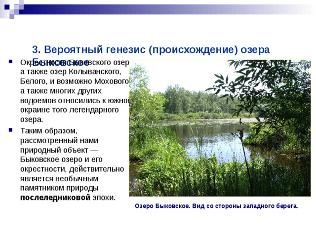   3. Вероятный генезис (происхождение) озера Быковское   Окрестности Быковского озера, а также озер Колыванского, Белого, и возможно Мохового, а также многих других водоемов относились к южной окраине того легендарного озера. Таким образом, рассмотренный нами природный объект — Быковское озеро и его окрестности, действительно является необычным памятником природы послеледниковой эпохи.  Озеро Быковское. Вид со стороны западного берега. 