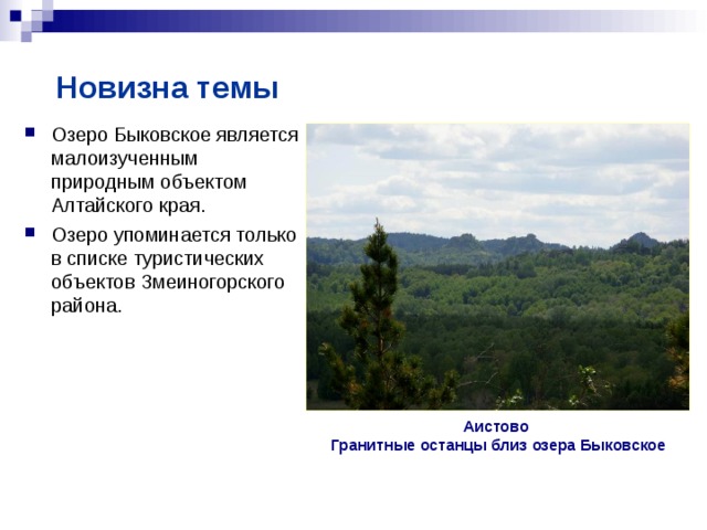  Новизна темы  Озеро Быковское является малоизученным природным объектом Алтайского края. Озеро упоминается только в списке туристических объектов Змеиногорского района. Аистово Гранитные останцы близ озера Быковское 