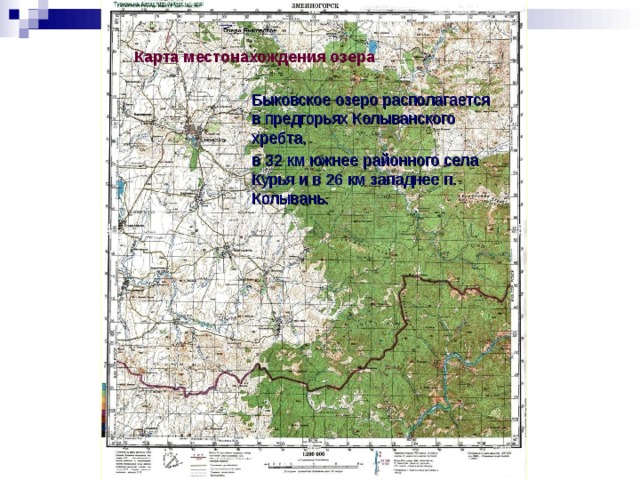 Карта местонахождения озера Быковское озеро располагается в предгорьях Колыванского хребта, в 32 км южнее районного села Курья и в 26 км западнее п. Колывань.  Быковское озеро располагается в предгорьях Колыванского хребта, в 32 км южнее районного села Курья и в 26 км западнее п. Колывань.  