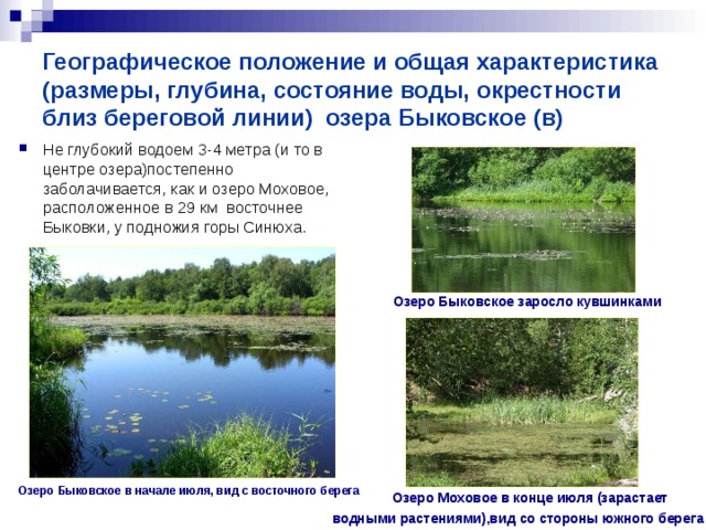 Географическое положение и общая характеристика (размеры, глубина, состояние воды, окрестности близ береговой линии) озера Быковское (в) Не глубокий водоем 3-4 метра (и то в центре озера)постепенно заболачивается, как и озеро Моховое, расположенное в 29 км восточнее Быковки, у подножия горы Синюха.  Озеро Быковское заросло кувшинками Озеро Быковское в начале июля, вид с восточного берега   Озеро Моховое в конце июля (зарастает  водными растениями),вид со стороны южного берега  