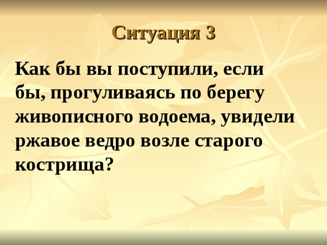 Ситуация 3   Как бы вы поступили, если бы, прогуливаясь по берегу живописного водоема, увидели ржавое ведро возле старого кострища? 