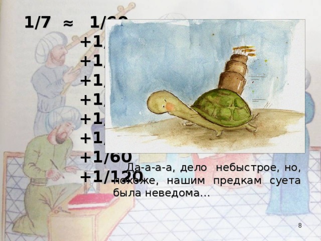 1/7  ≈  1/60  +1/60  +1/60  +1/60  +1/60  +1/60  +1/60  +1/60  +1/120  Да-а-а-а, дело небыстрое, но, похоже, нашим предкам суета была неведома…  