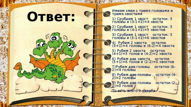 Ответ:  Имеем змея с тремя головами и тремя хвостами 1) Срубаем 1 хвост    остаток: 3 головы и (3-1+2)=4 хвоста 2) Срубаем 1 хвост    остаток: 3 головы и (4-1+2)=5 хвостов 3) Срубаем 1 хвост    остаток: 3 головы и (5-1+2)=6 хвостов 4)  Рубим 2 хвоста    остаток (3+1)=4 головы и (6-2)=4 хвоста 5) Рубим 2 хвоста    остаток (4+1)=5 голов и (4-2)=2 хвоста 6) Рубим два хвоста    остаток (5+1)=6 голов и (2-2)=0 хвостов 7)Рубим две головы    остаток (6-2)=4 головы 8) Рубим две головы    остаток (4-2)=2 головы 9) Рубим две головы    остаток (2-2)=0 голов  То есть всего 9 ударов 