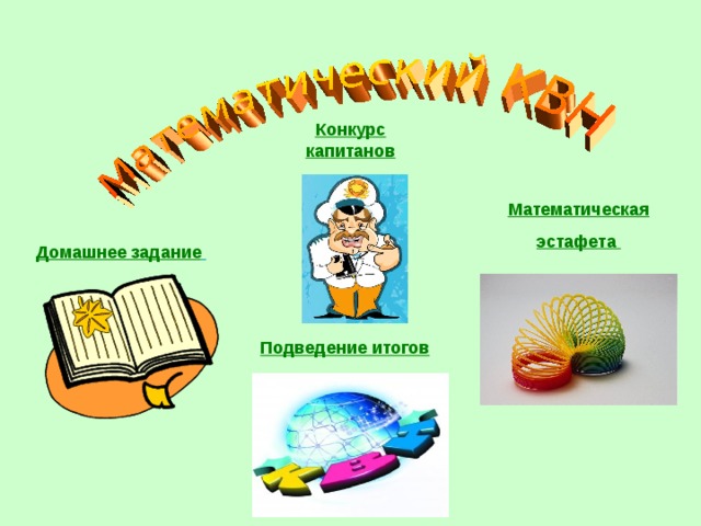 Конкурс капитанов Математическая эстафета Домашнее задание  Подведение итогов 