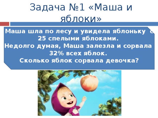 Задача №1 «Маша и яблоки» Маша шла по лесу и увидела яблоньку с 25 спелыми яблоками. Недолго думая, Маша залезла и сорвала 32% всех яблок. Сколько яблок сорвала девочка? 