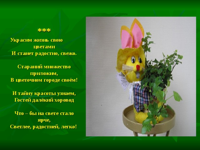 ***  Украсим жизнь свою цветами  И станет радостно, свежо.   Стараний множество приложим,  В цветочном городе своём!   И тайну красоты узнаем,  Гостей далёкий хоровод   Что – бы на свете стало ярче,  Светлее, радостней, легко!  