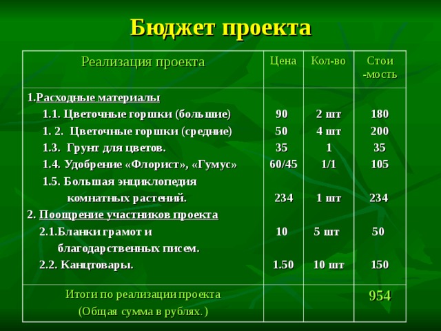 Бюджет проекта Реализация проекта Цена 1. Расходные материалы   1.1. Цветочные горшки (большие)  1. 2. Цветочные горшки (средние)  1.3. Грунт для цветов.  1.4. Удобрение «Флорист», «Гумус»  1.5. Большая энциклопедия  комнатных растений. 2. Поощрение участников проекта  2.1.Бланки грамот и  благодарственных писем.  2.2. Канцтовары. Кол-во  90 50 35 60/45  234  10  1.50 Итоги по реализации проекта (Общая сумма в рублях.) Стои -мость  2 шт 4 шт 1 1/1  1 шт  5 шт  10 шт  180 200 35 105  234  50  150 954 